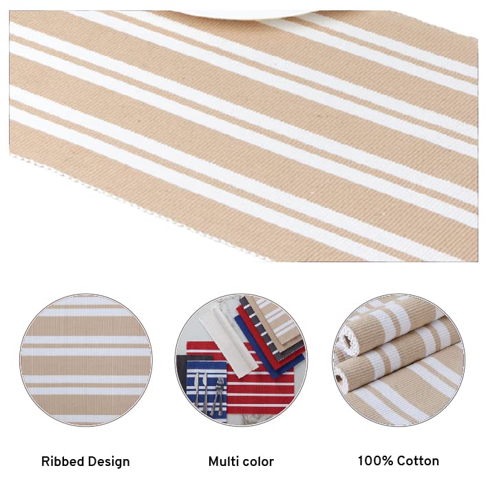 Encasa Xo Dining Table Runner 13''X59'' | Yarn Dyed Fine Ribbed Cotton | Franca Beige Stripes | Machine Washable