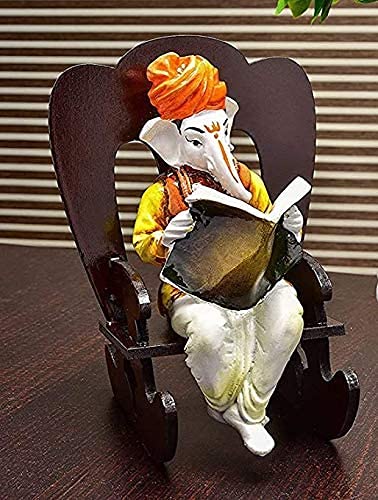 Sn Handicrafts Resin Ganesha Resting On Rocking Chair Figurine, Standard, Multi Colour