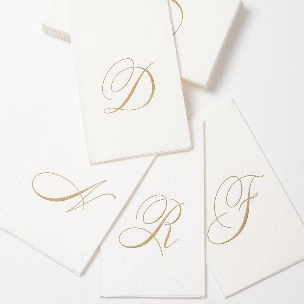Caspari White Pearl & Gold Paper Linen Boxed Guest Towel Napkins In Letter T - Three Packs Of 24