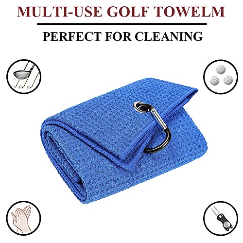 Vividly 2 Pack Tri-Fold Golf Towels, Premium Microfiber Fabric Waffle Pattern With Black Heavy Duty Carabiner Clip, Blue Golf To