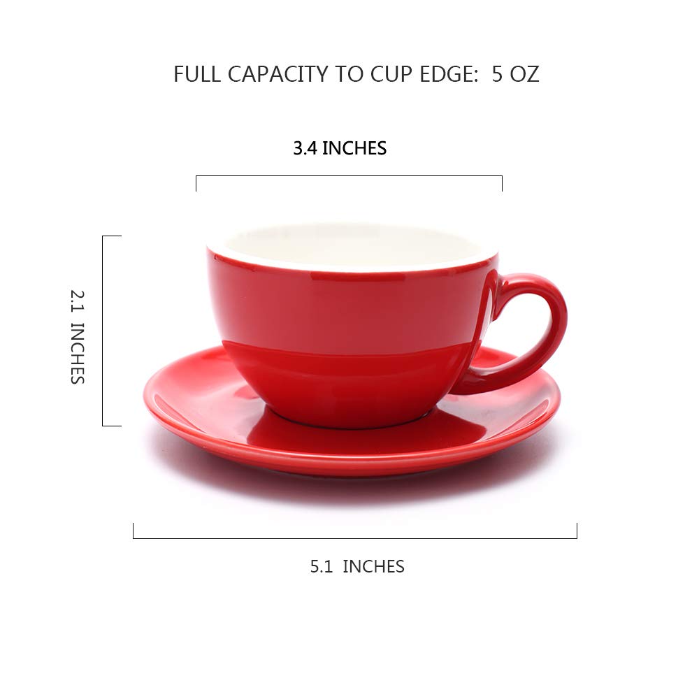 Coffeezone Manual Brew Coffee Cup And Saucer, Latte Art Cappuccino For Coffee Shop And Barista (Glossy Red, 8.5 Oz)