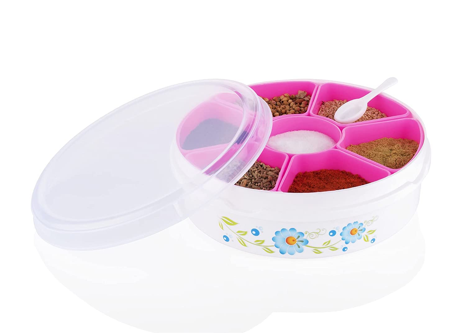Dihok Pink Spice Box | Masala Box For Kitchen | Masala Dabba Plastic | Masala Dani For Kitchen See Through Lid 7 Containers 1 Sp