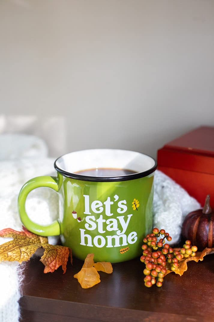 Pearhead Lets Stay Home Ceramic Mug, Autumn Accessories, Fall Holiday Kitchen Decor, Coffee or Tea Cup, Green, 15oz