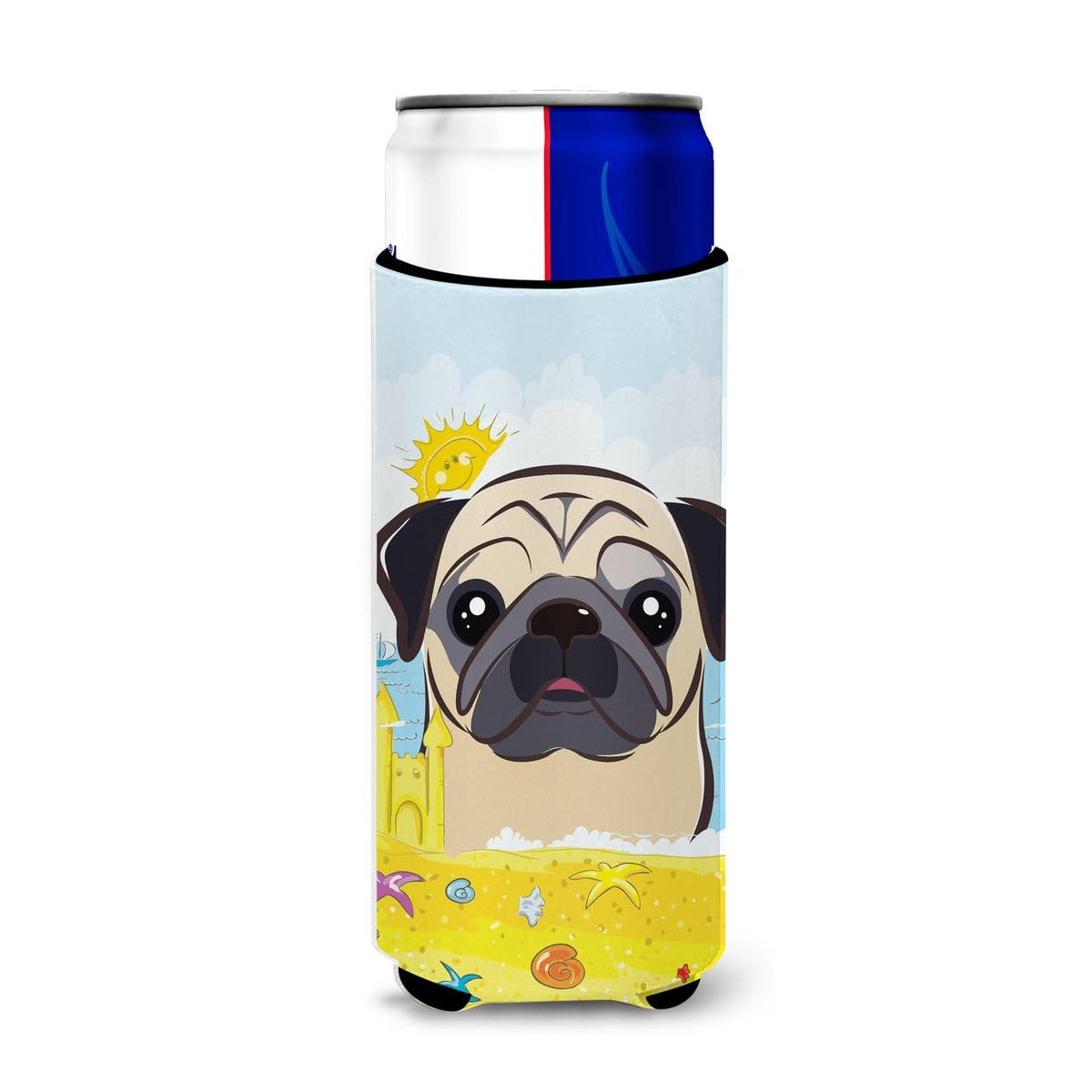 Caroline'S Treasures Bb2130Muk Fawn Pug Summer Beach Ultra Hugger For Slim Cans Can Cooler Sleeve Hugger Machine Washable Drink