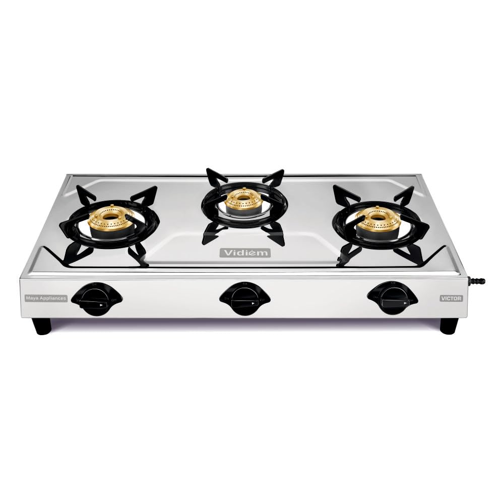 Vidiem Victor Stainless Steel Gas Stove 3 Burner| Brass Burners | Mirror Finish | Large Cooking Space | AntiRust | High Efficie