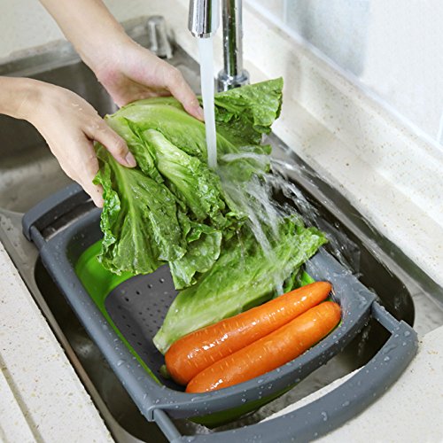 Qimh Colander Collapsible, Colander Strainer Over The Sink Vegetable/Fruit Colanders Strainers (6 Quart) With Extendable Handles