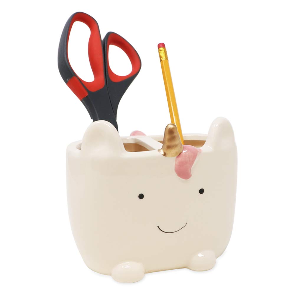 Isaac Jacobs White Ceramic Unicorn Makeup Brush Holder, Multi-Purpose 2-Section Organizer. Bathroom, Kitchen, Bedroom, Office D