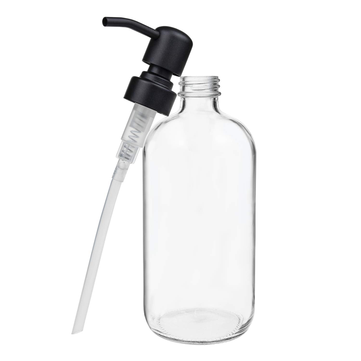 Suwimut 4 Pack Glass Soap Dispenser With Matte Black Stainless Steel Pump, 16 Oz Clear Boston Round Bottles Bathroom Kitchen Soa