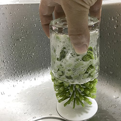 Hengkaising Brush-Up Glass Brush With Suction Cup Upright Stays In Sink Bristle Scrub Kitchen Bottle Cleaning Washing (Green)