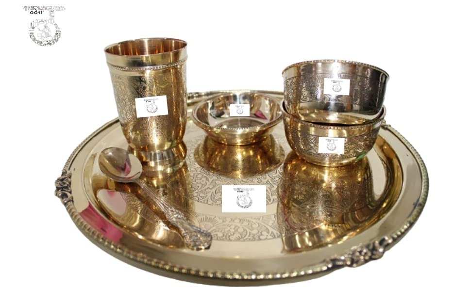 THATHERA Handmade Traditional Brass Thali Utensils Set Cooking, Serving, and Eating Food (Set of 6) Gold Color