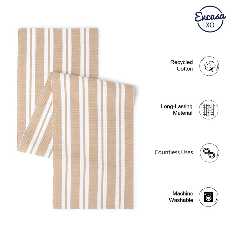 Encasa Xo Dining Table Runner 13''X59'' | Yarn Dyed Fine Ribbed Cotton | Franca Beige Stripes | Machine Washable