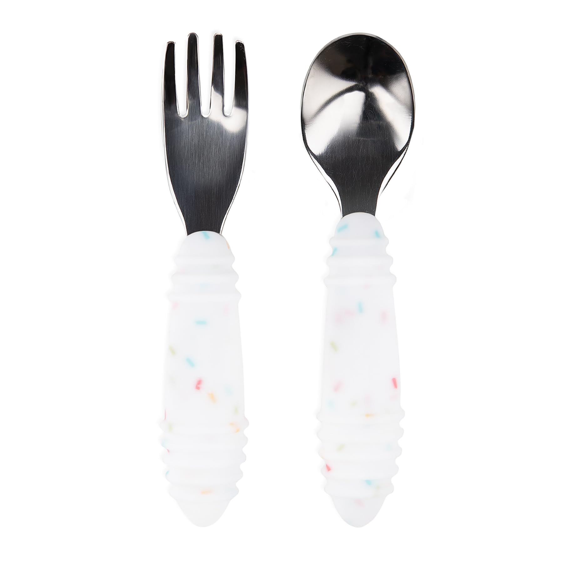 Bumkins Toddler Utensils, Kids Size Fork and Spoon Set, Silicone and Stainless-Steel Training Silverware, Angled Forks/Sporks Fe