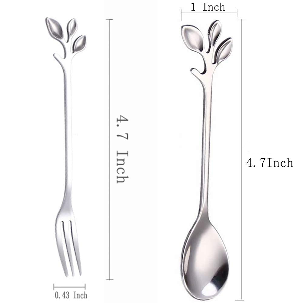 Ansaw 10-Pc Silver Mini Spoons & Forks Set, 4.7'' - Stainless Steel, Leaf Handle, Ideal For Coffee,Tea, Appetizers, Tastings, Pa