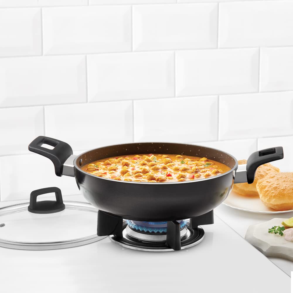 Borosil Granito Non-Stick Kadhai With Glass Lid, Induction Friendly, Granite Finish, Pfoa-Free, 20 Cm Diameter