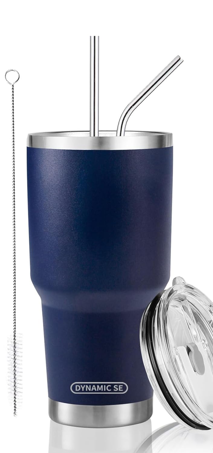 DS 30 oz Navy Tumbler Stainless Steel Double Wall Vacuum Insulated Mug with Straw and Lid, Cleaning Brush for Cold and Hot Bever