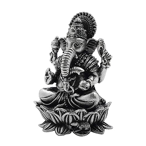 Maa Silver Pure Silver Lord Ganesh/Ganpatiji Semi-Solid Idol/Murti On Lotus/Kamal With Antique Oxidized Finish Perfect For Pooja