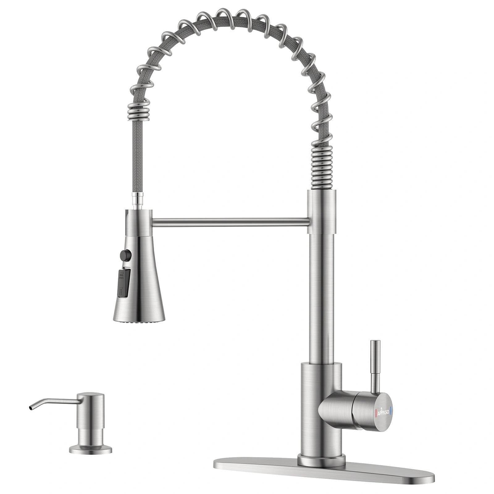 APPASO Commercial Kitchen Faucet Pull Down Sprayer with Soap Dispenser - Stainless Steel Brushed Nickel High Arc Tall Modern Single Handle Spring Kitchen Sink Faucet with Pull Out Spray