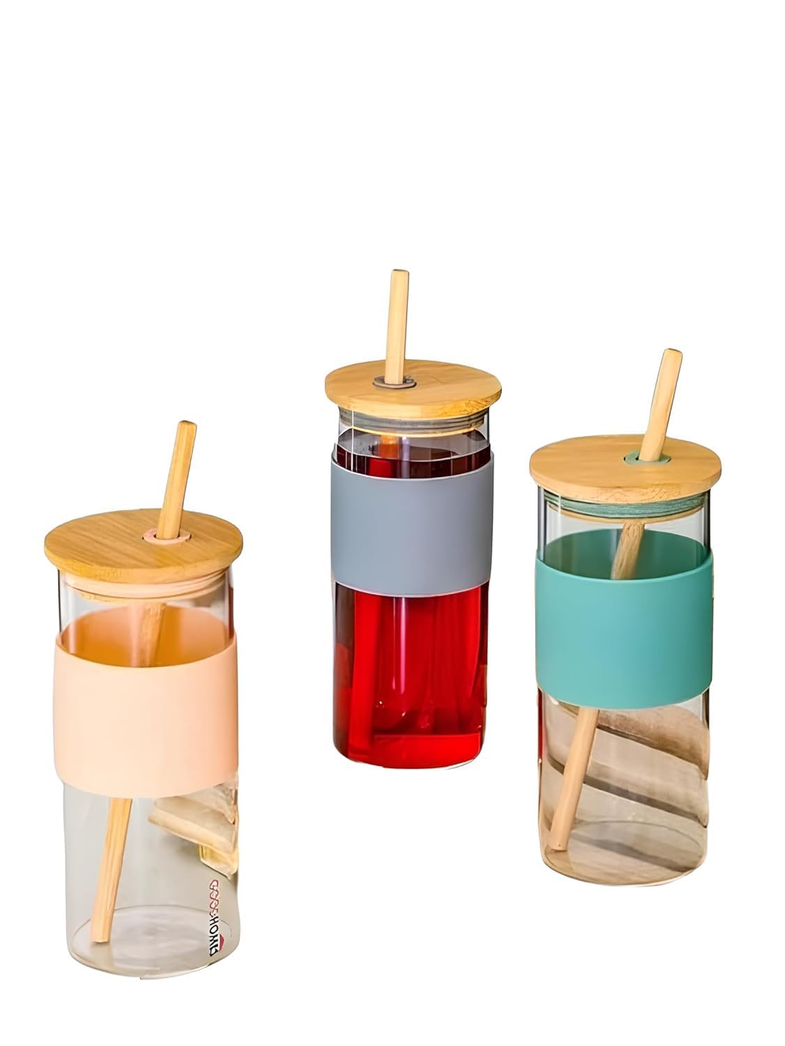 AVMPHD Glass Tumbler with Bamboo Lid and Straw Reusable Glass Drinking Sipper Bottle with Silicone Protective Sleeve for Iced Te