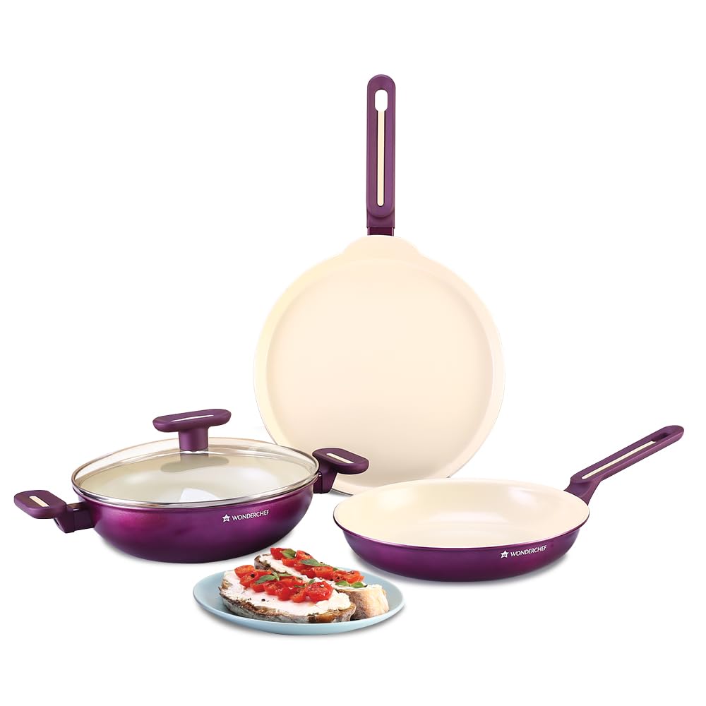 Wonderchef Bellagio Ceramic 4 Pc Ceramic Cookware Set For Kitchen, Fry Pan 26Cm, Wok With Lid 26Cm, Dosa Tawa 26Cm, Non-Toxic Ch