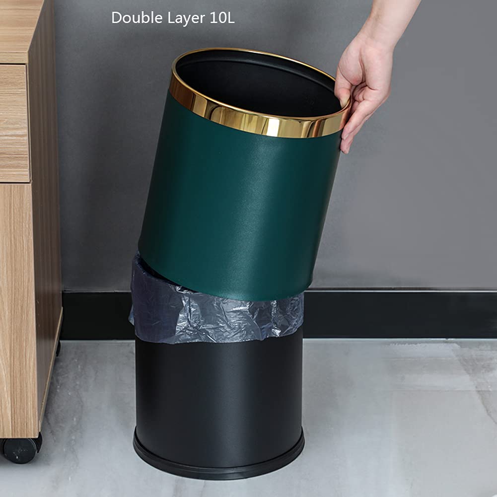 Luxury Metal Waste Bin 10L, Double Layer Trash Can Pu Leather Covered Round Wastebasket Dust Bins For Kitchen Bathroom Hotel Off