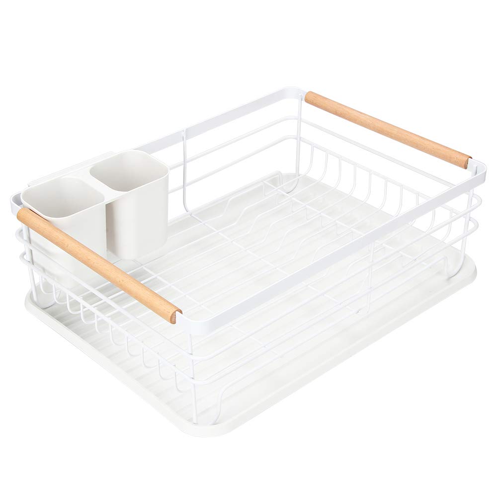 Attom Tech Home Modern Wood Handle Dish Rack And Drain Board, 16.5'' X 12'' X 5.5'' Kitchen Plate Cup Dish Drying Rack Tray Cutl