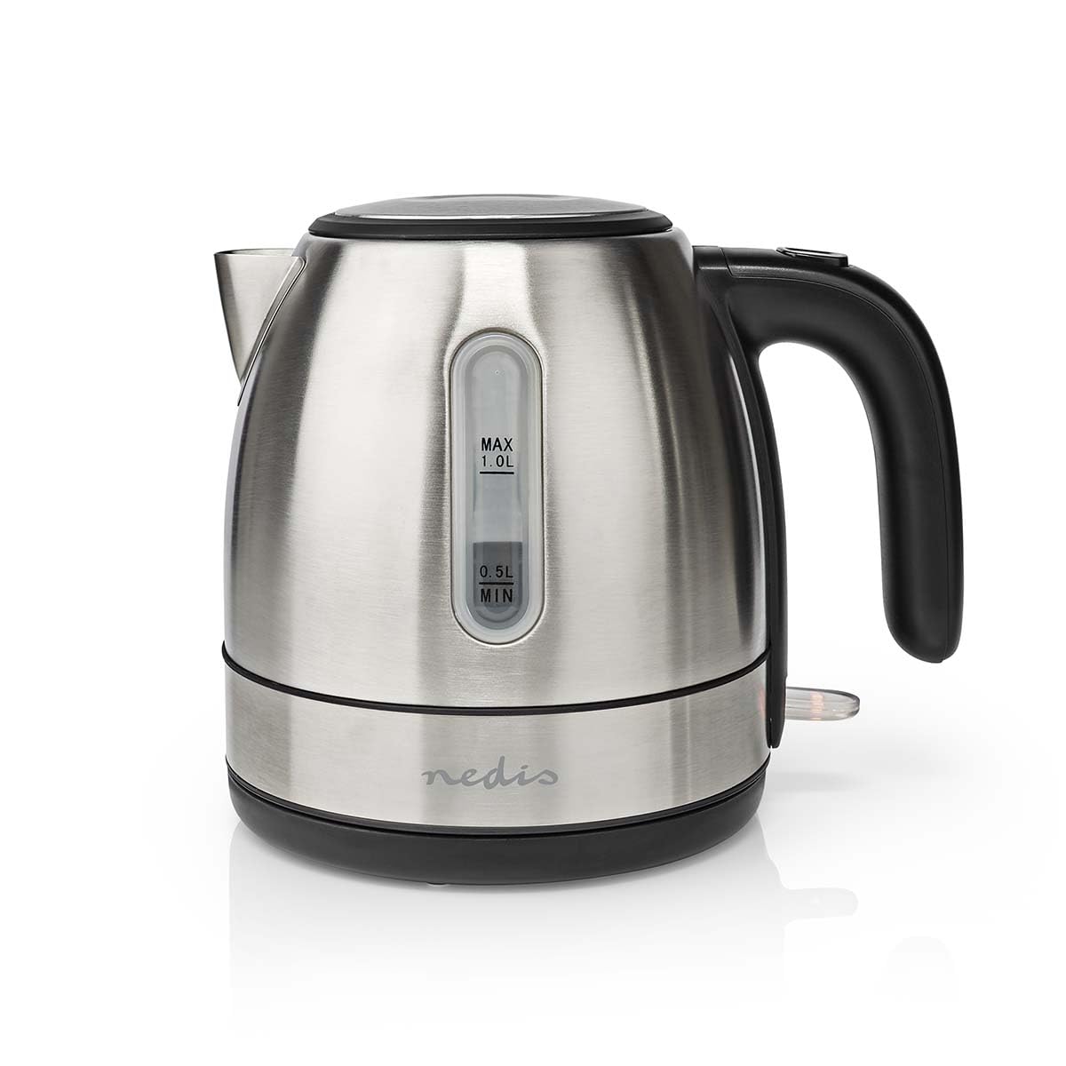 Nedis Electric Kettle 1L Stainless Steel, 2200W Fast Boil, 360 Cordless Rotatable Base, Concealed Heating Element, Boil-Dry Prot