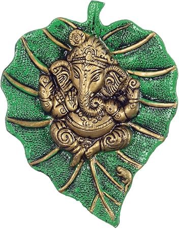 Achleshwar Metal Golden Lord Ganesha on Green Leaf wall hanging Sculpture Decorative Religious Showpiece For Home wall decor,Tem