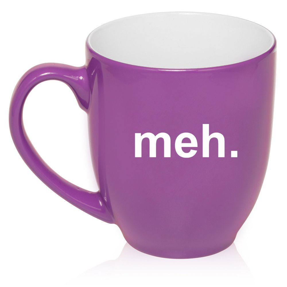 16 oz Large Bistro Mug Ceramic Coffee Tea Glass Cup Meh Geek Sarcastic Expression (Purple)