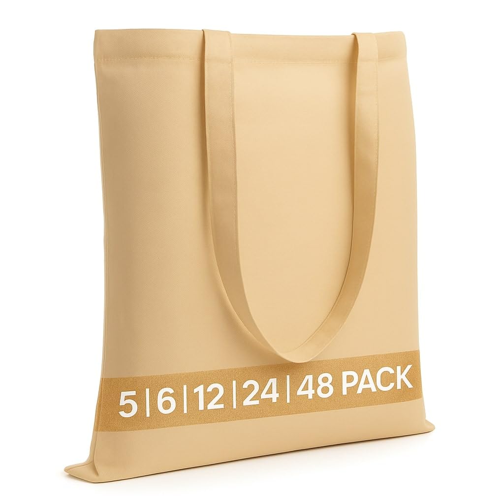 Salt Earth Pack of 5 | 6 | 12 | 24 | 48 - 100% Cotton Reusable Tote Bags - Bulk Grocery, Shopping, DIY, Beach & Gift Use (Brown)
