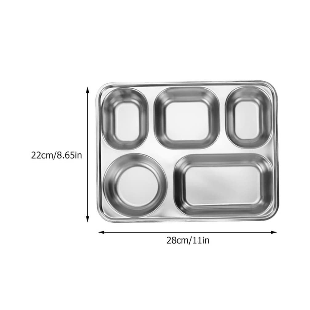 Ganazono Food Tray 2 Sets Stainless Steel Rectangular Divided Plates Tray With Lid For Adults Divided Dinner Tray 5 Sections Ben