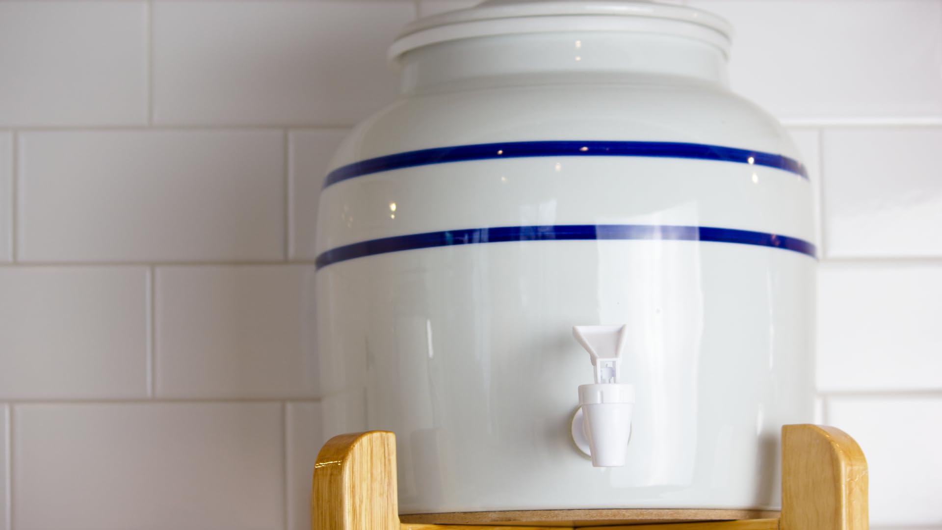 New Wave Enviro Porcelain Water Dispenser, Classic Blue Stripe Design, 2.5 Gallon Capacity, Included Bpa Free Spigot, Dispenser