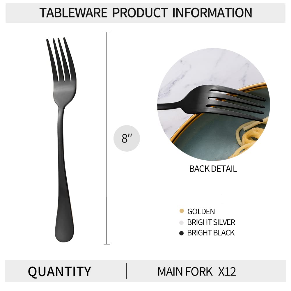 Rygten Qu 12Pcs Black Stainless Steel Dinner Forks, Silverware Forks, Flatware Forks Set Of 12, Dishwasher Safe