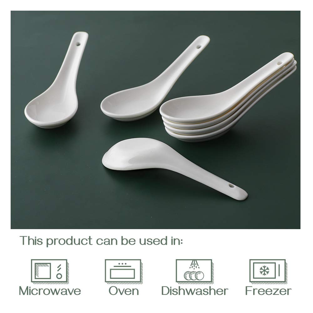 Dowan 5.3'' Asian Soup Spoons Set Of 12 - White Ceramic Dessert Spoons- Perfect For Pho, Miso, Wonton, Ramen, Dumpling, Macaron