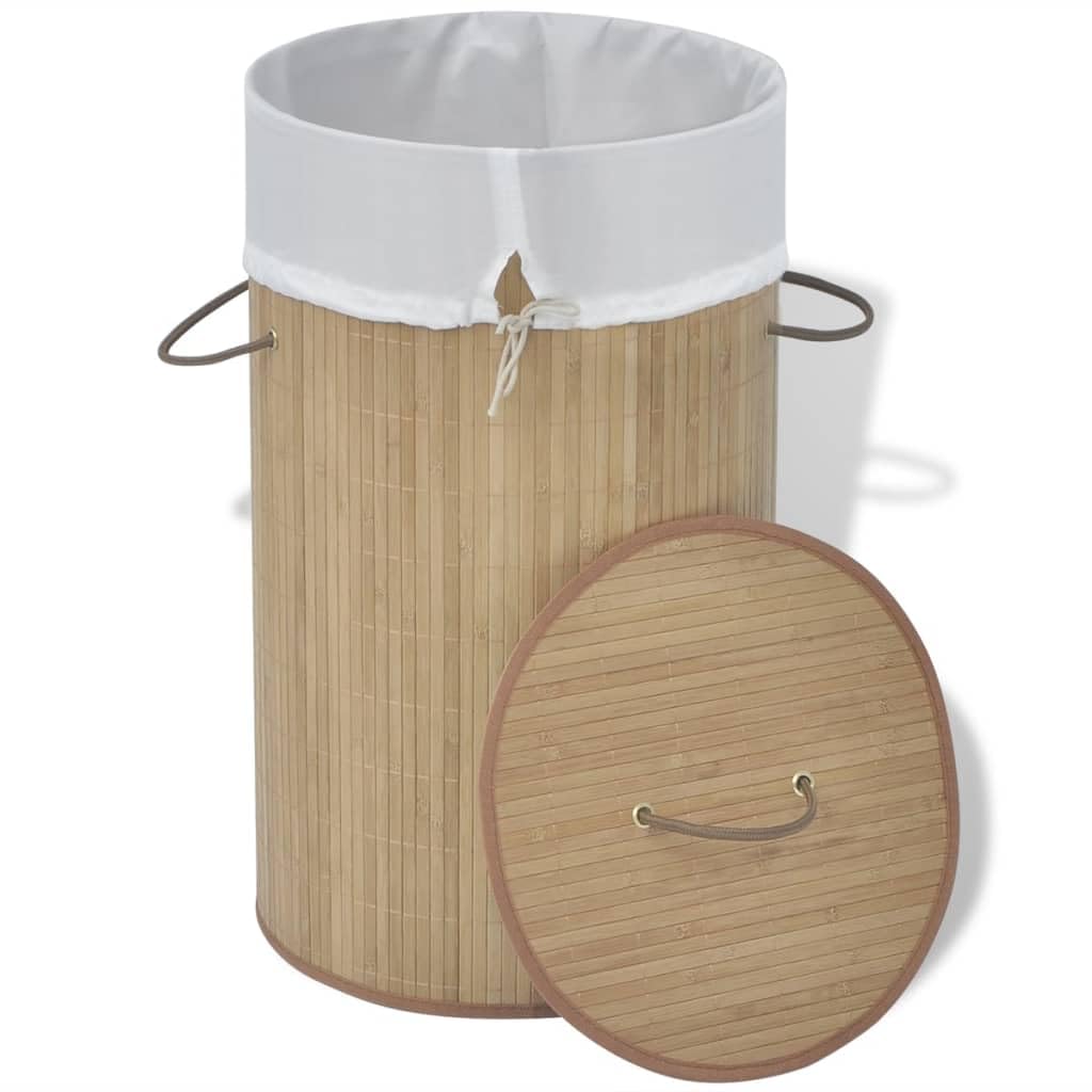vidaXL Collapsible Laundry Basket  Laundry Hamper with Lid and Handles  Dirty Clothes Basket with Removable Liner  Laundry Bin  Natural Round Bamboo