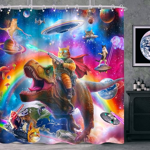 Accnicc Funny Cat Dinosaur Shower Curtain Fun Cool Space Cats Kids Shower Curtains For Bathroom Fantasy Galaxy Universe Anime Wa