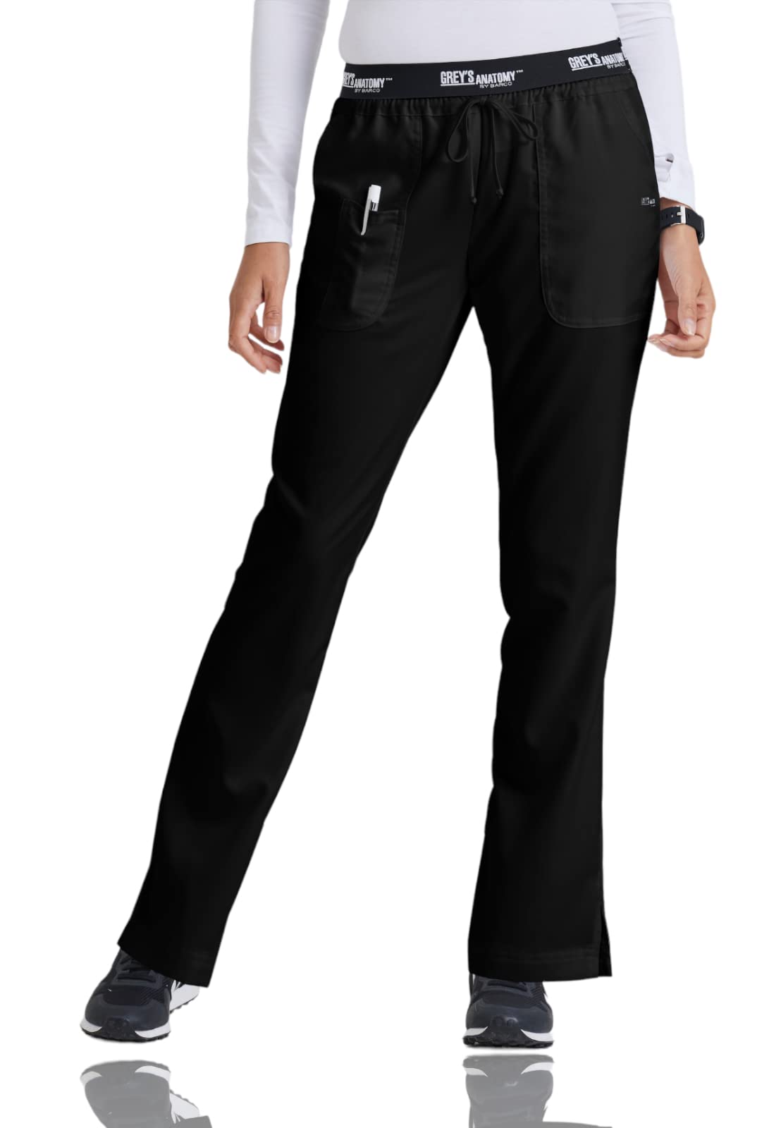 Greys Anatomy 4275 3 Pkt Logo Waist Pant With Drawstring (Black, Medium Petite)