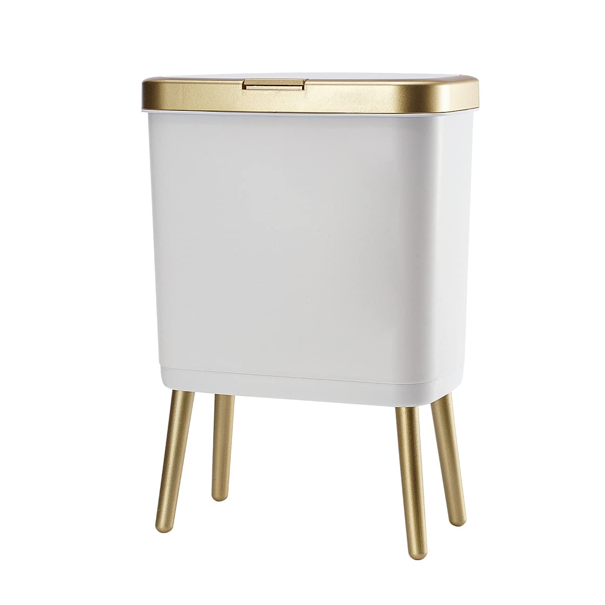 Procade Bathroom Trash Can With Lid, Plastic Garbage Can With Lid, 4 Gal Gold Trash Bin With Push Button, Narrow White Trash Can