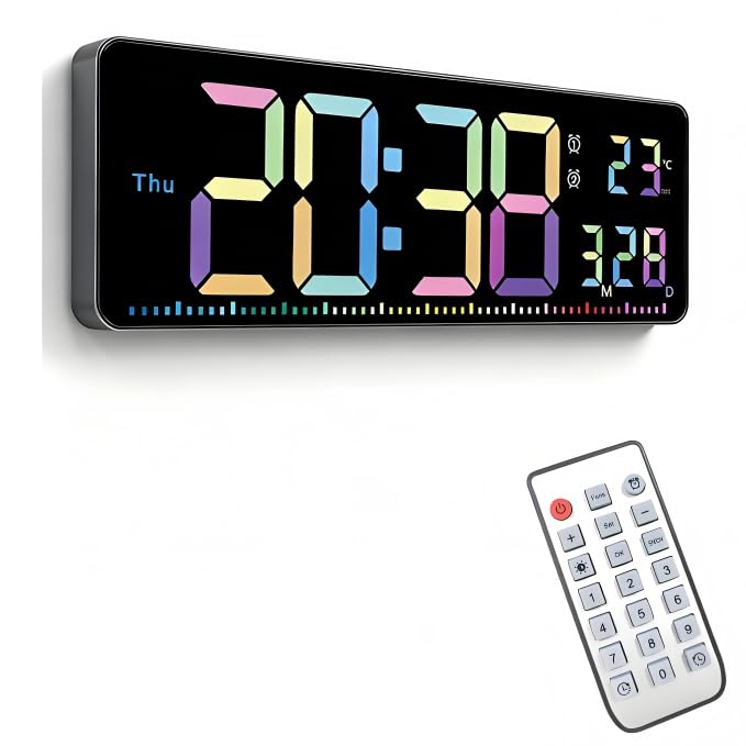 Digital Wall Clock, 16 Colorful Digital Display Clock With Remote Control, Date, Week, Temperature, Dual Alarm, Auto-Dimming, Ds