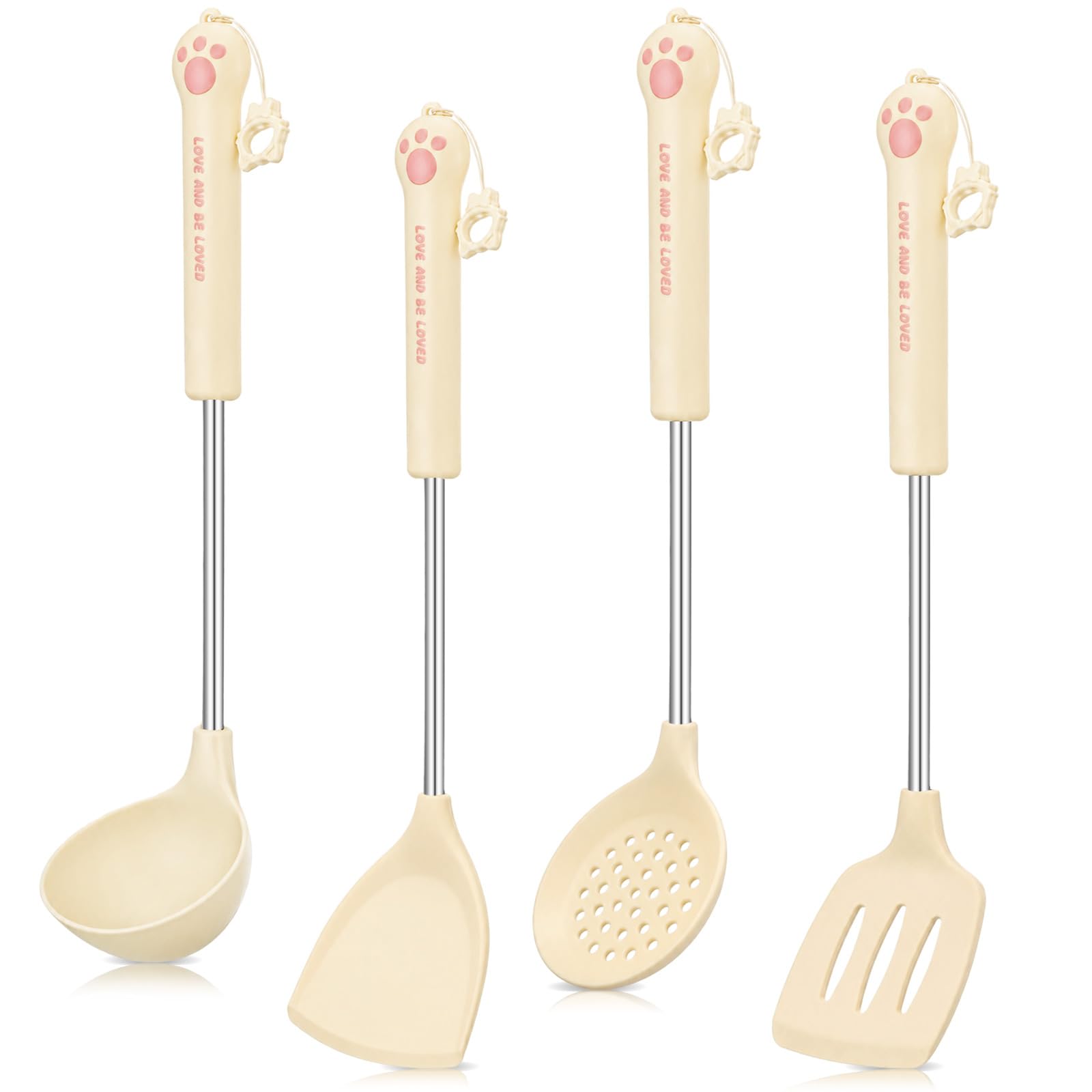 OBreezify 4 Pcs Cute Cat Paw Kitchen Utensil Set, Nonstick Silicone Cooking Spatula and Ladle Kit, Cat Lover Gifts for Women, Cu