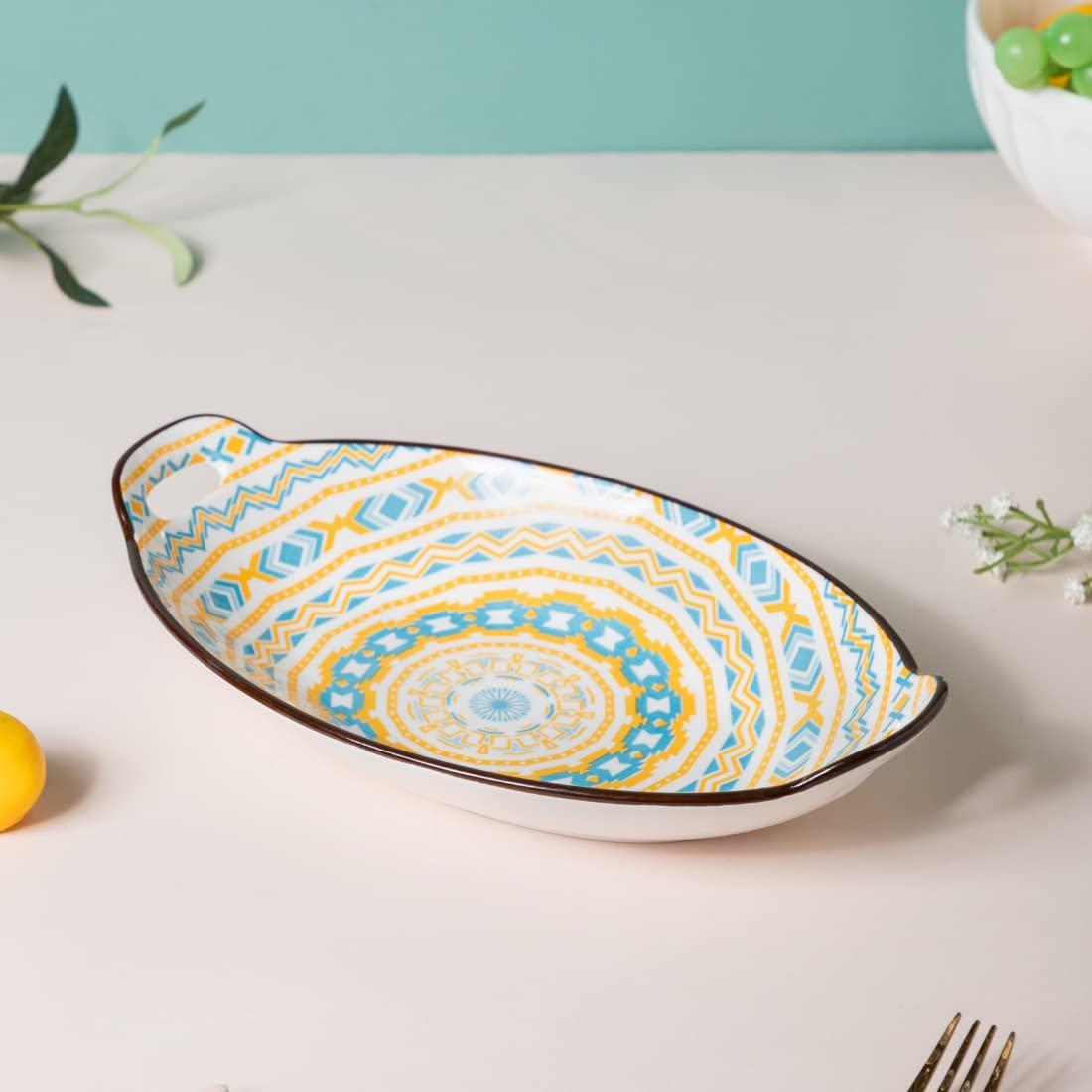 Nestasia Blue & Yellow Mandala Ceramic Long Dish with Handles for Serving Snacks, Appetizers, Salads, and Noodles| Microwave Saf