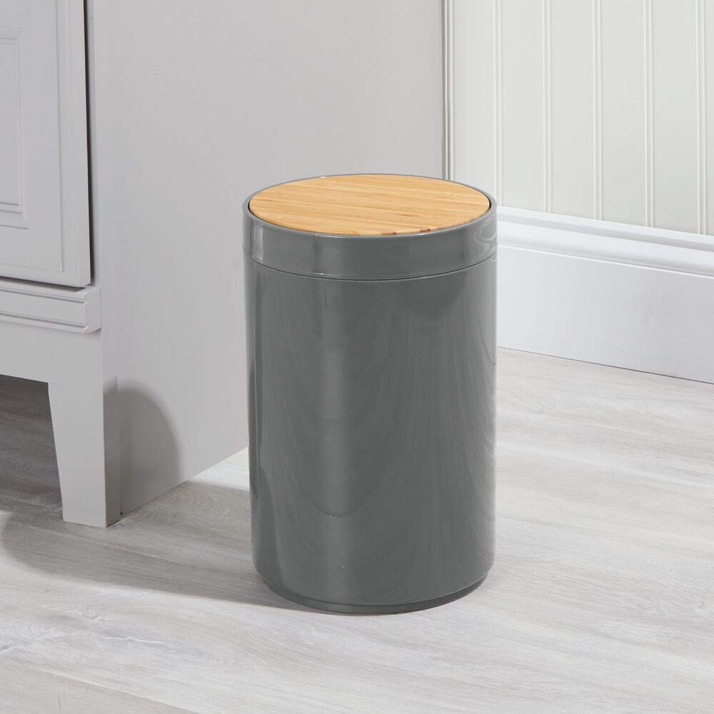mDesign Plastic Round Trash Can Small Wastebasket - Garbage Bin Container with Swing-Close Lid - Bathroom Garbage Basket - Holds Waste  Recycling - 1.3 Gallon - Basa Collection - Charcoal Gray/Natural