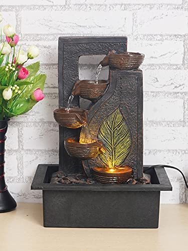 CHRONIKLE Polyresin Table Top Black 4 Diya Steps & Green Leaf Design Indoor Waterfall Fountain for Home Decor with LED Lights &