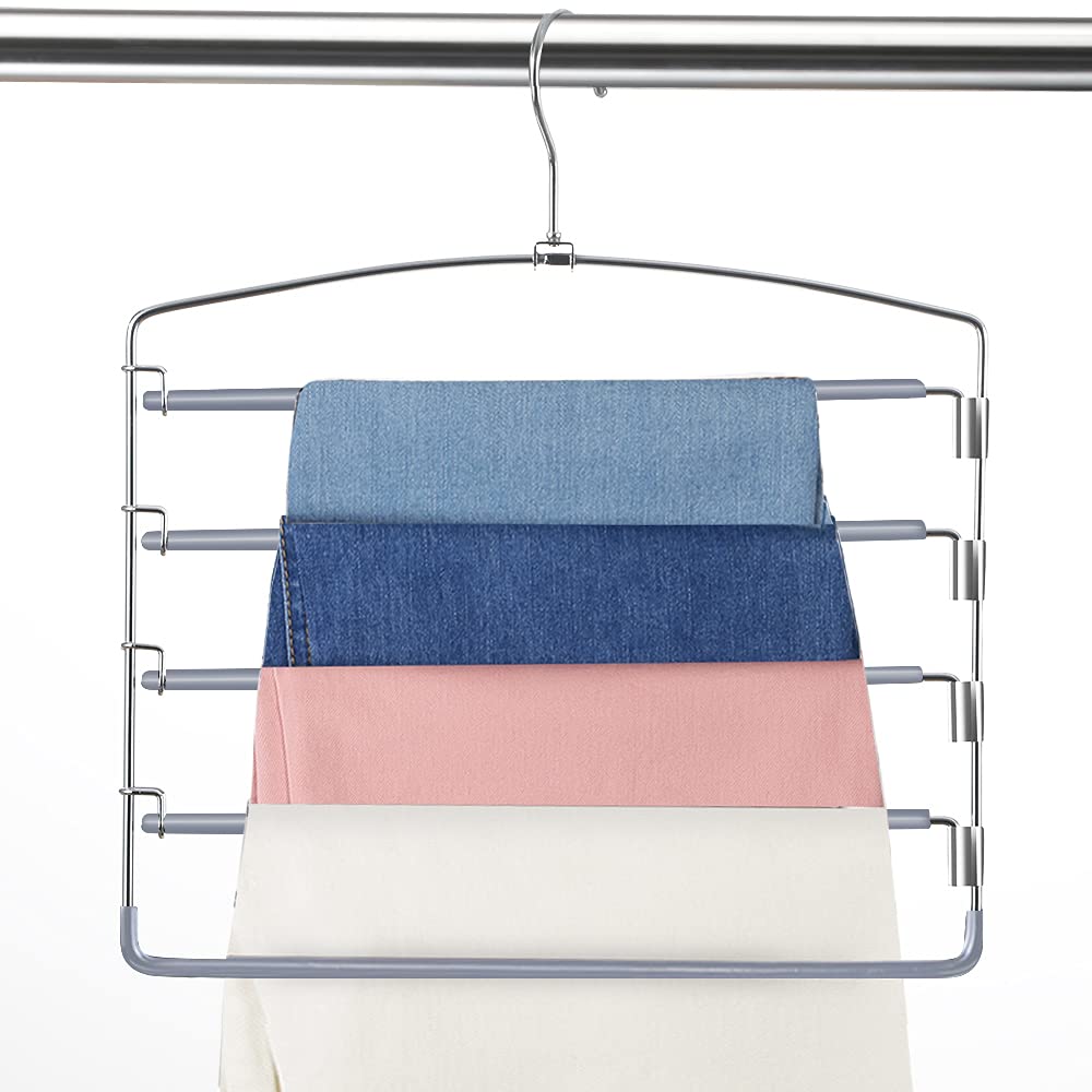 Feerahozer Pants Hangers Space Saving 3 Pack No Slip 5 Layers Multi Functional Pants Rack Stainless Steel Swing Arm Space Saver