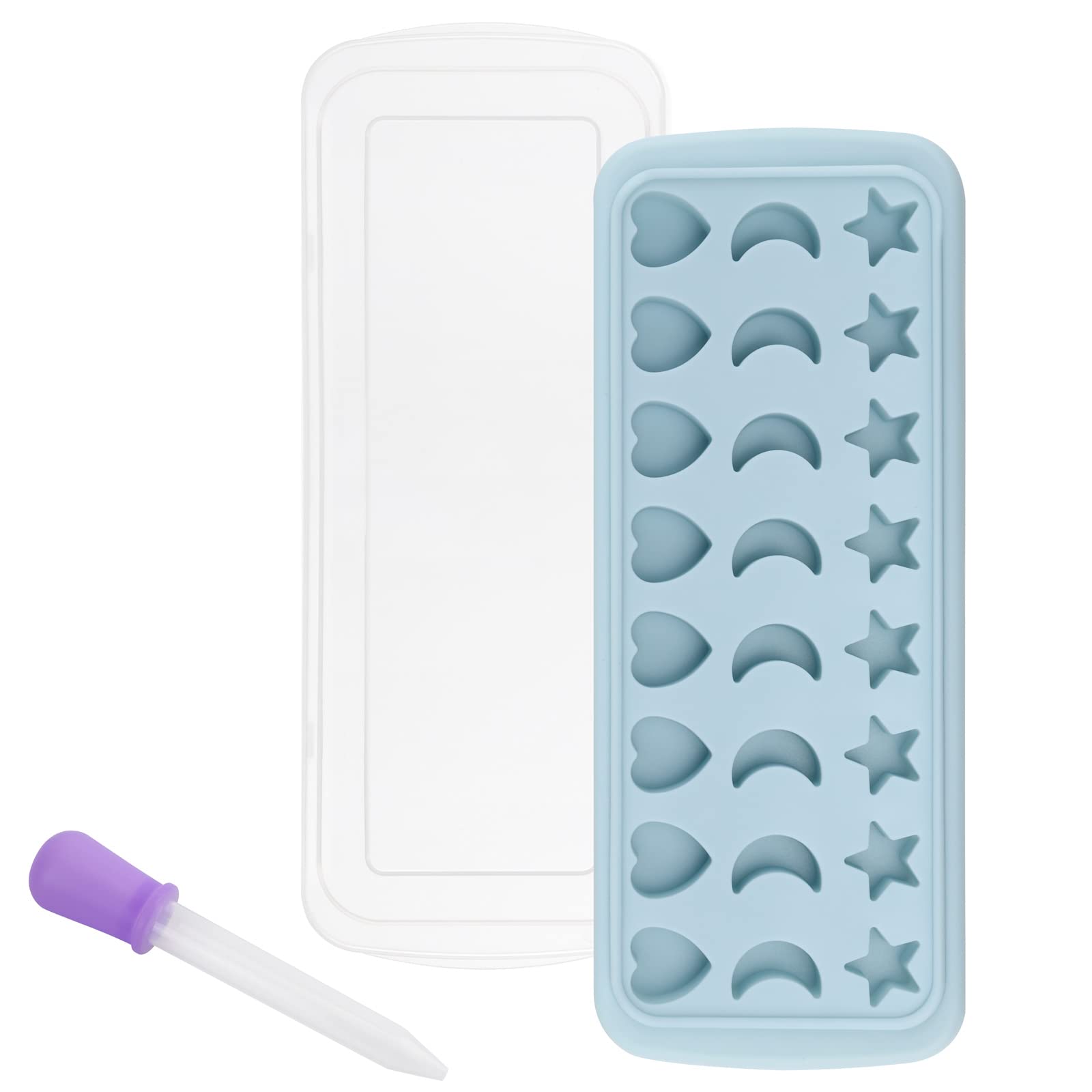 Moon Stars And Heart Ice Cube Tray Silicone Molds With Liquid Dropper,Easy Release Ice Trays With Lid, 24 Cavity Heart Mold For