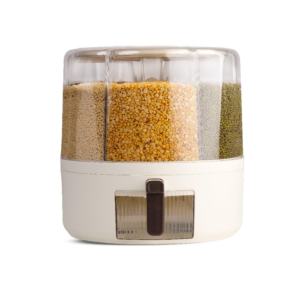 Instacuppa Rotating Grain Dispenser For Kitchen | 6 Compartment Airtight Storage Container For Rice, Dal & Pulses | Bpa-Free Pla