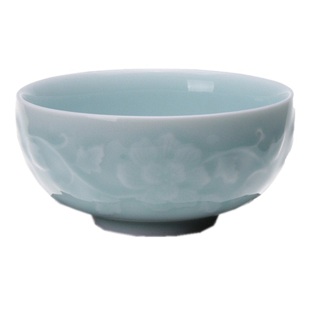 Chinese Rice Bowl 10Oz Celadon Dinnerware Engraved Peony 4.5Inch Porcelain(1, Sky Blue)