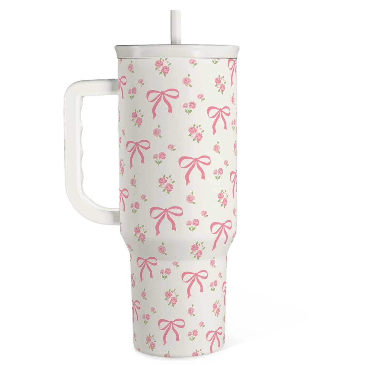 SANDJEST Bow Tumbler with Handle 40oz, Stainless Steel Insulated Tumblers Coffee Travel Cup with Slider Straw Lid, Gifts for Wom