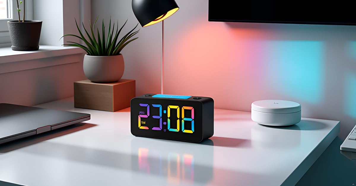 Aerys 9-Inch Digital Alarm Clock, Rgb Color Display, Night Light Dimmer, Usb Ports, Super Loud Alarm For Heavy Sleepers, Table C