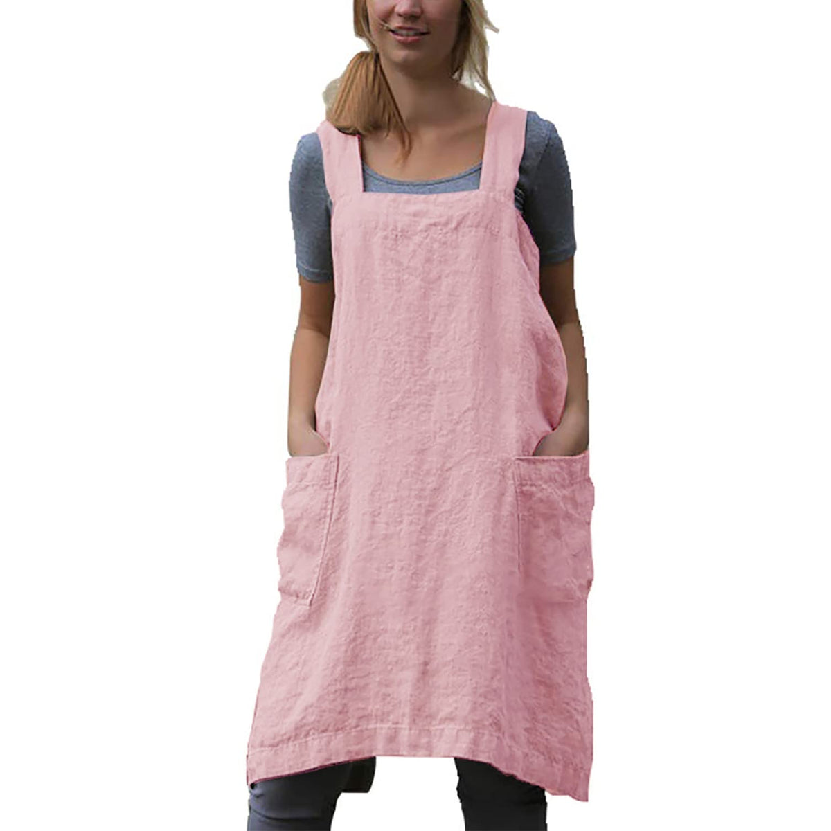 Yesdood Cotton Linen Apron Cross Back Apron For Women With Pockets Pinafore Dress For Baking Cooking, Pink, 3X-Large