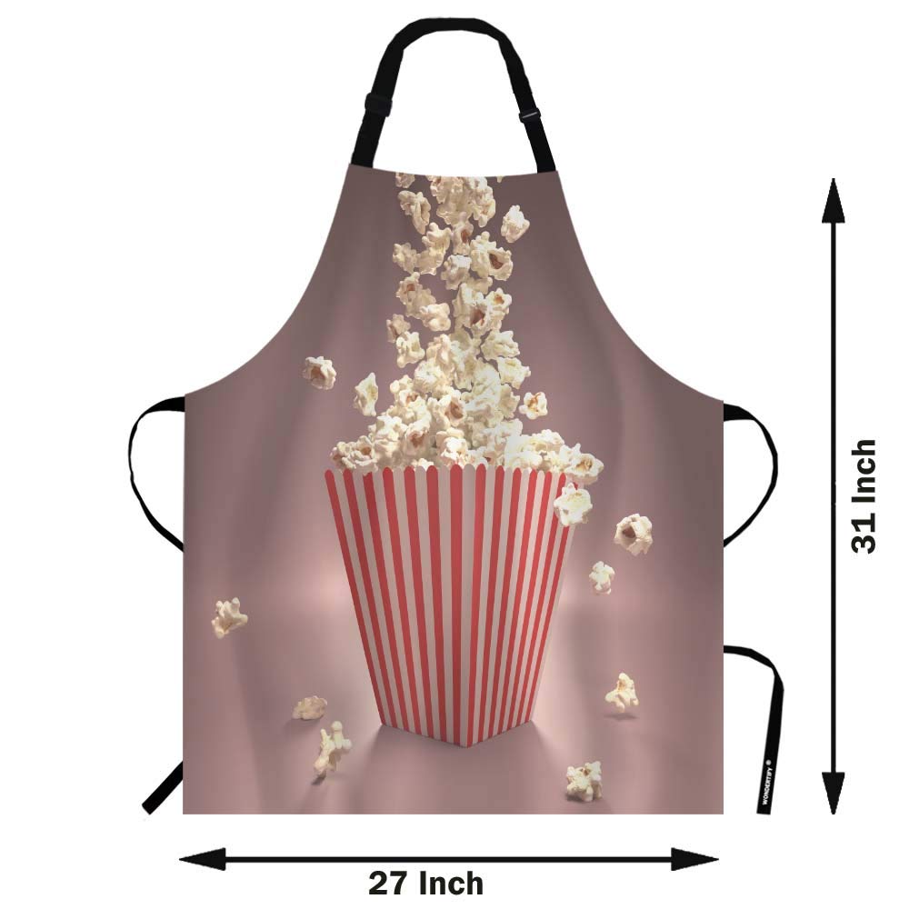 Wondertify Dropping Popcorn Apron,Pop Corn In Striped Classic Package Red Cinema Design Bib Apron With Adjustable Neck For Men W